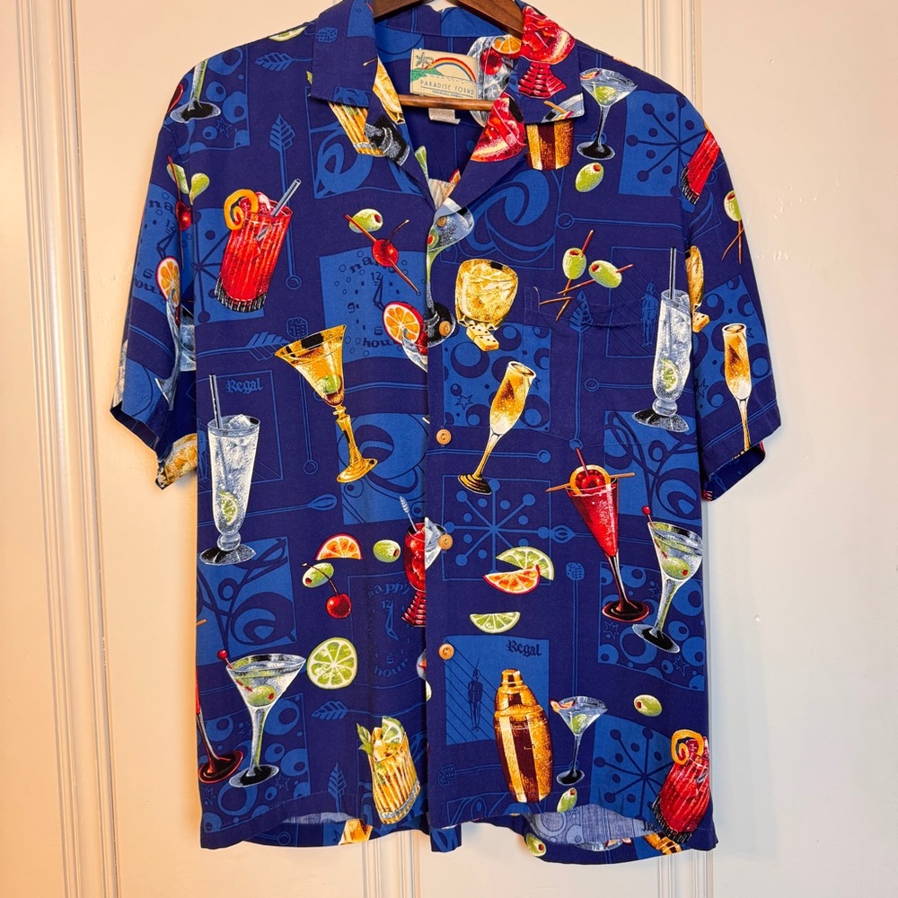 Paradise Found Cocktail Happy Hour Hawaiian Blue Shirt‎ Rayon Large Vintage